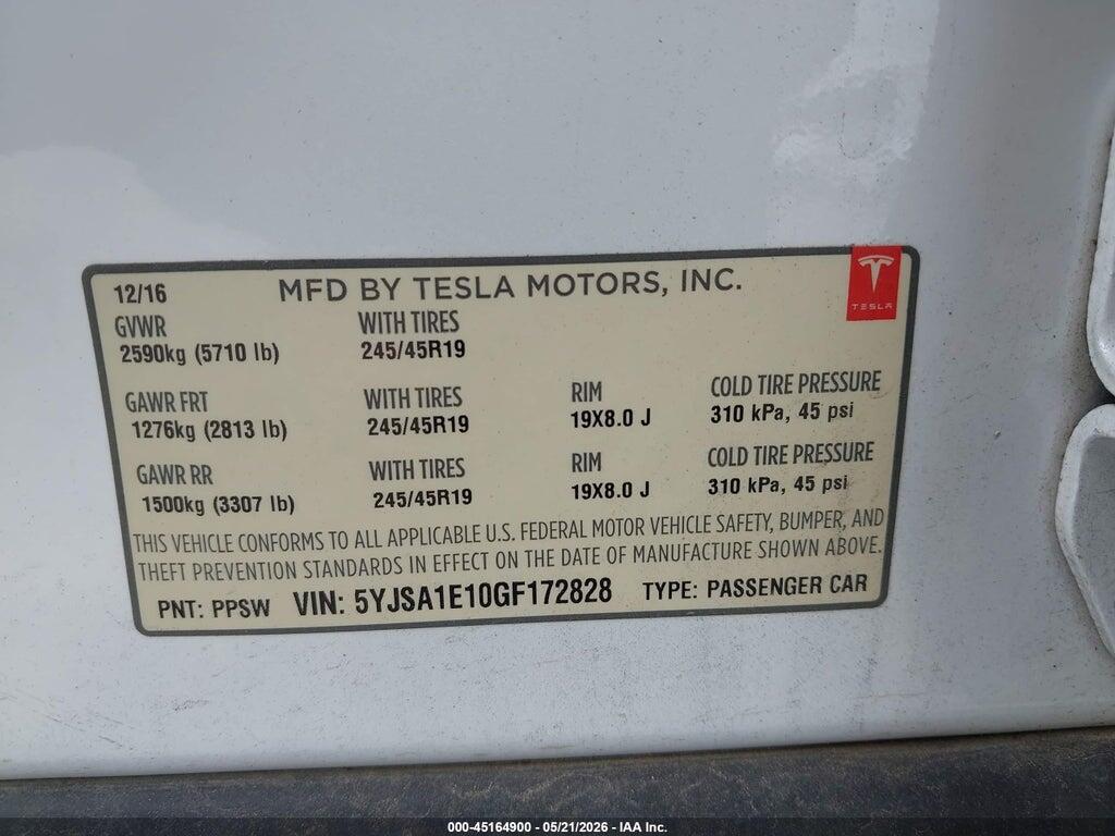 5YJSA1E10GF172828 2016 TESLA MODEL S photo no. 9