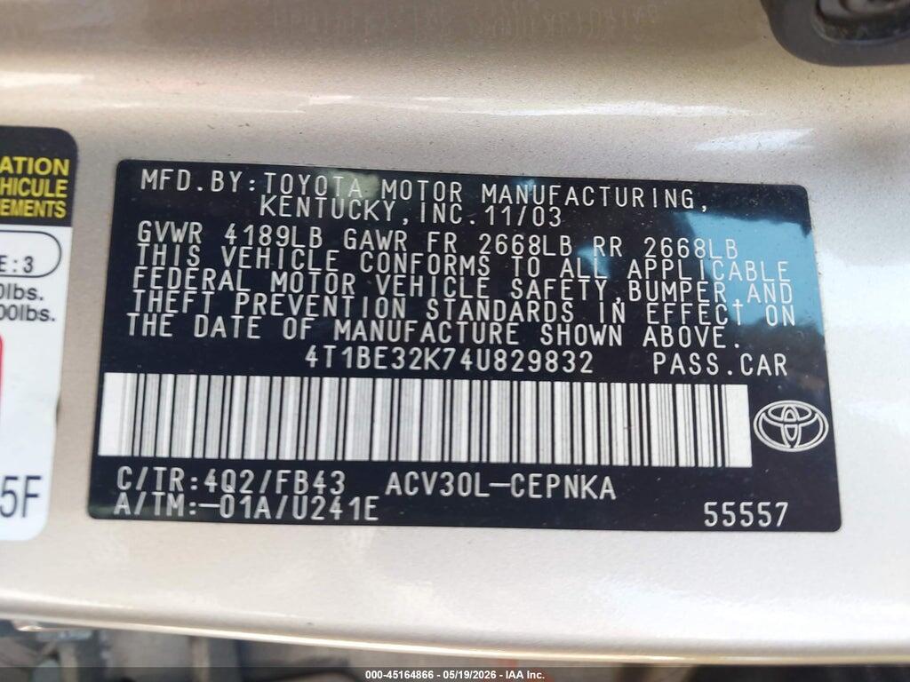 4T1BE32K74U829832 2004 TOYOTA CAMRY photo no. 9