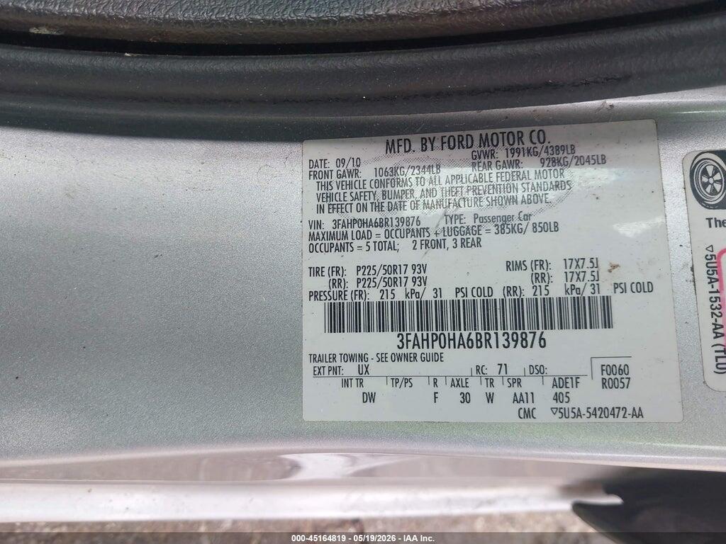 3FAHP0HA6BR139876 2011 FORD FUSION photo no. 9