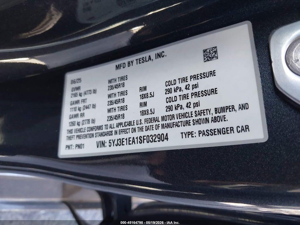5YJ3E1EA1SF032904 2025 TESLA MODEL 3 photo no. 9