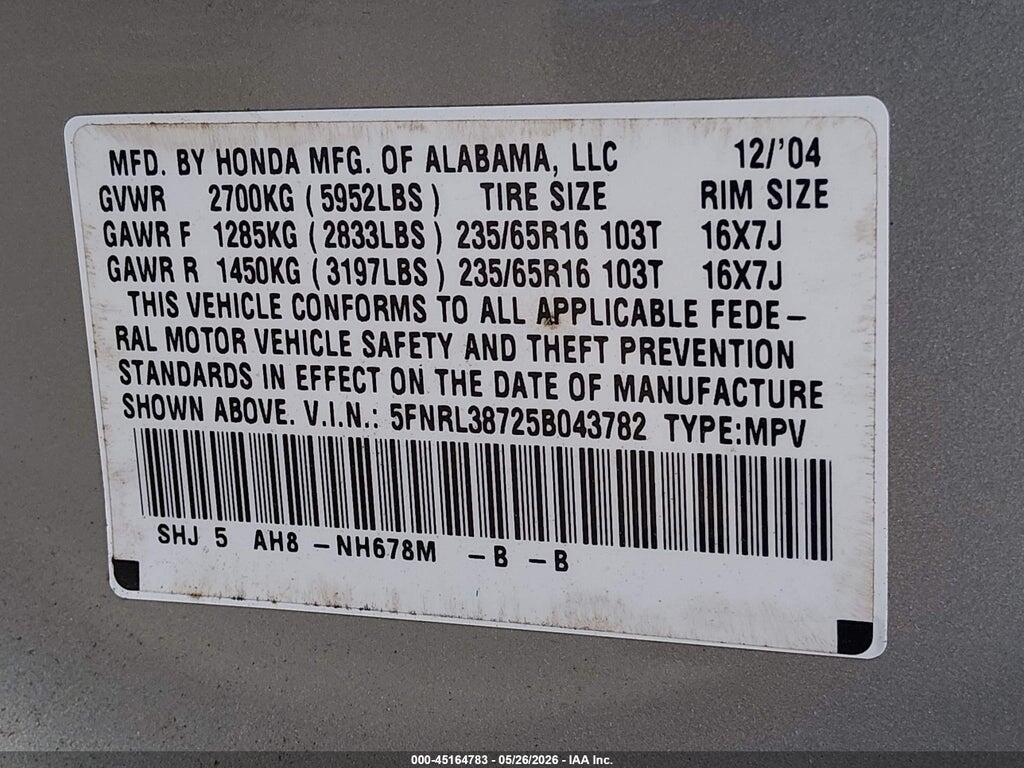 5FNRL38725B043782 2005 HONDA ODYSSEY photo no. 9