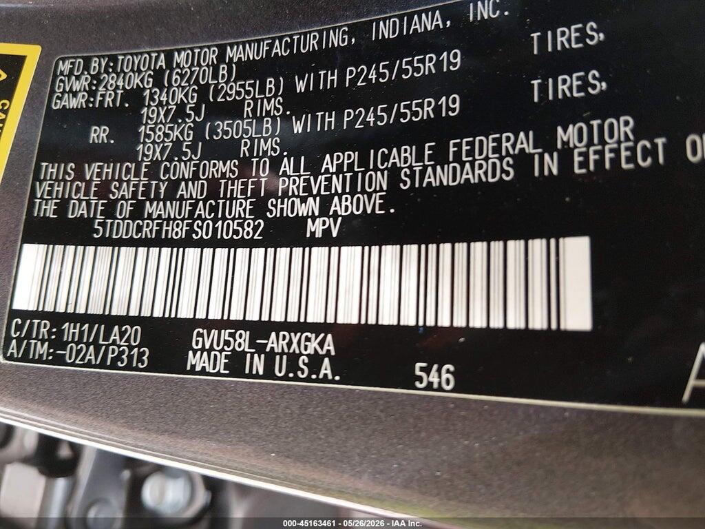 5TDDCRFH8FS010582 2015 TOYOTA HIGHLANDER HYBRID photo no. 9