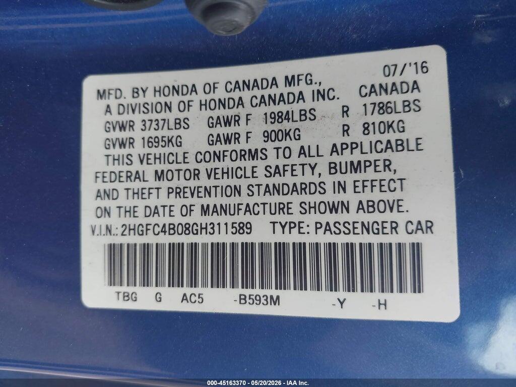 2HGFC4B08GH311589 2016 HONDA CIVIC photo no. 9
