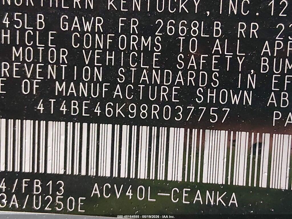 4T4BE46K98R037757 2008 TOYOTA CAMRY photo no. 9