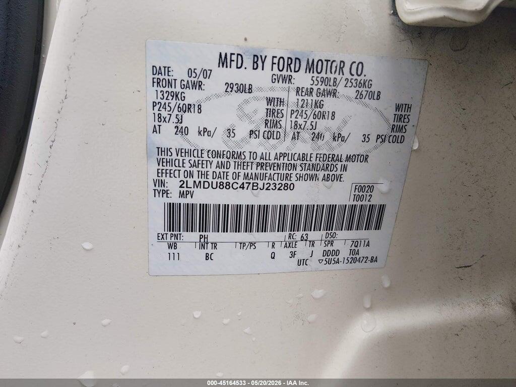 2LMDU88C47BJ23280 2007 LINCOLN MKX photo no. 9