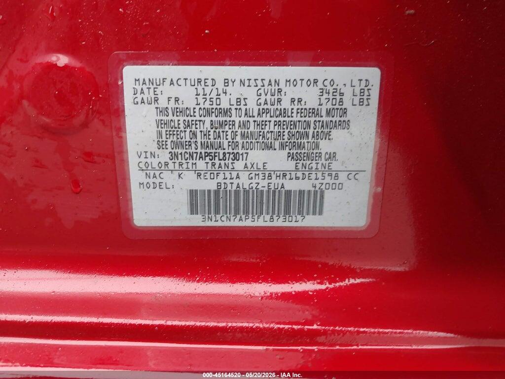 3N1CN7AP5FL873017 2015 NISSAN VERSA photo no. 9