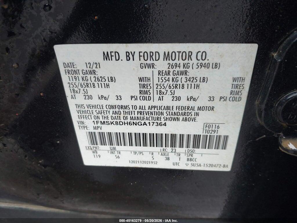 1FMSK8DH6NGA17364 2022 FORD EXPLORER photo no. 9