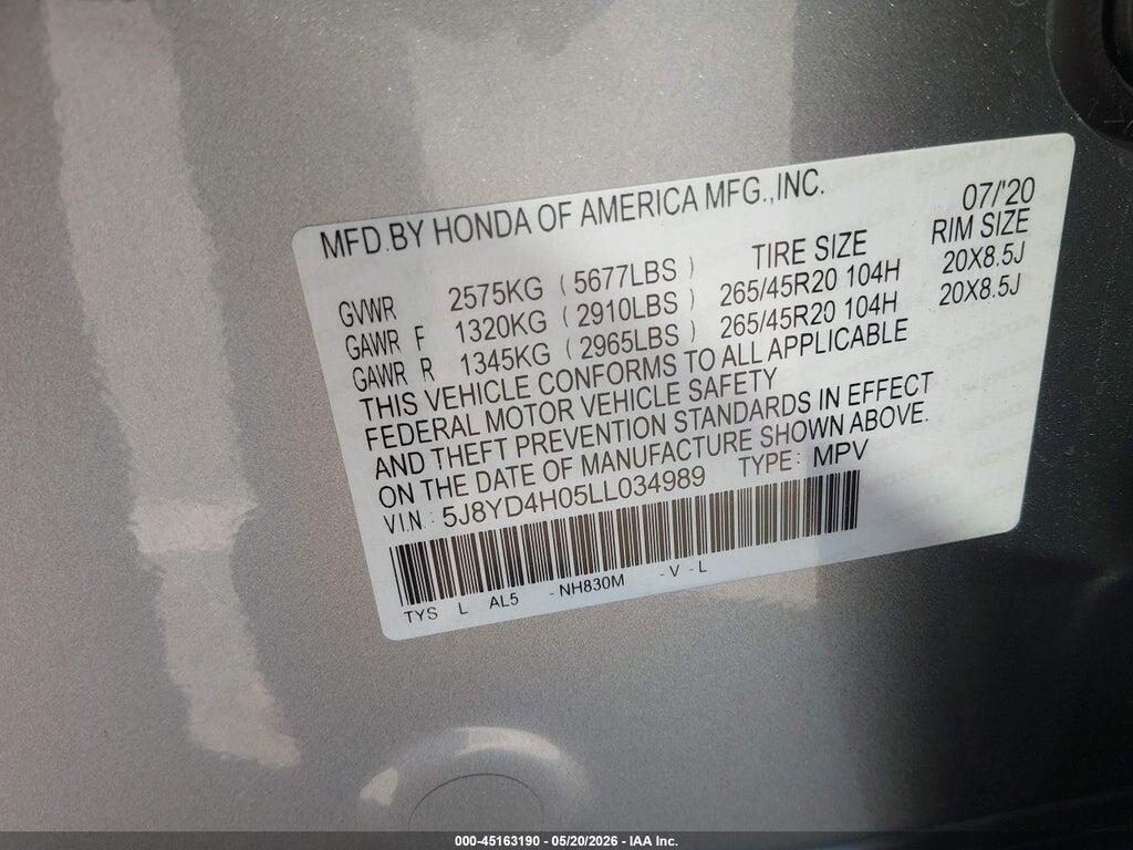 5J8YD4H05LL034989 2020 ACURA MDX photo no. 9