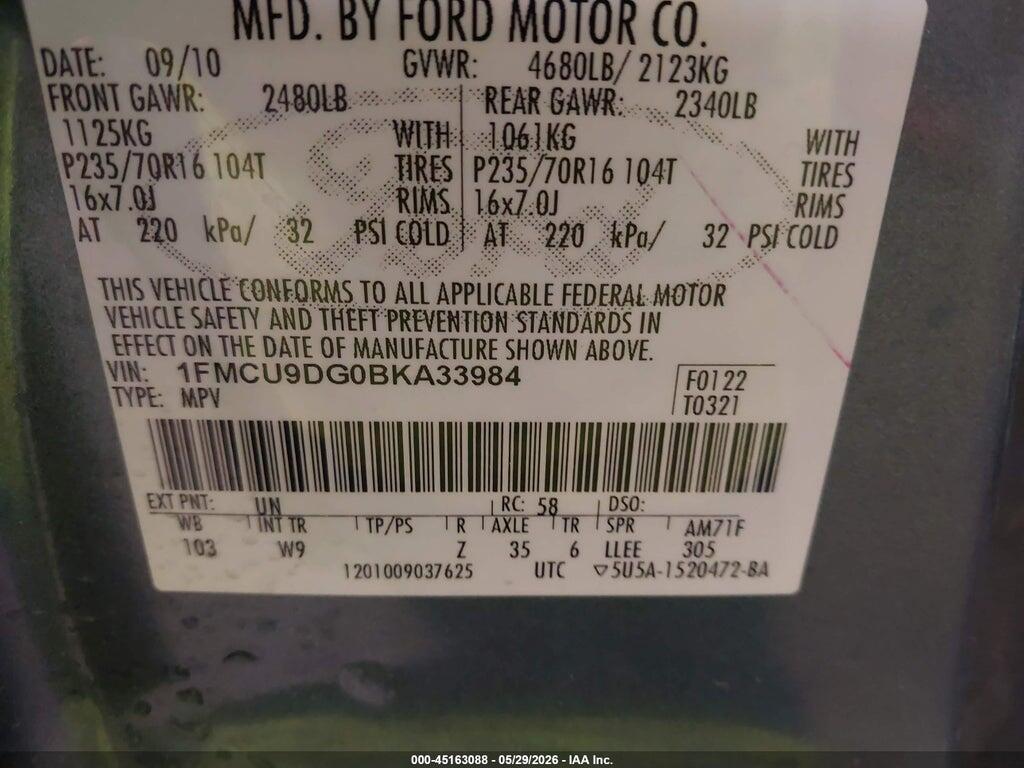 1FMCU9DG0BKA33984 2011 FORD ESCAPE photo no. 9