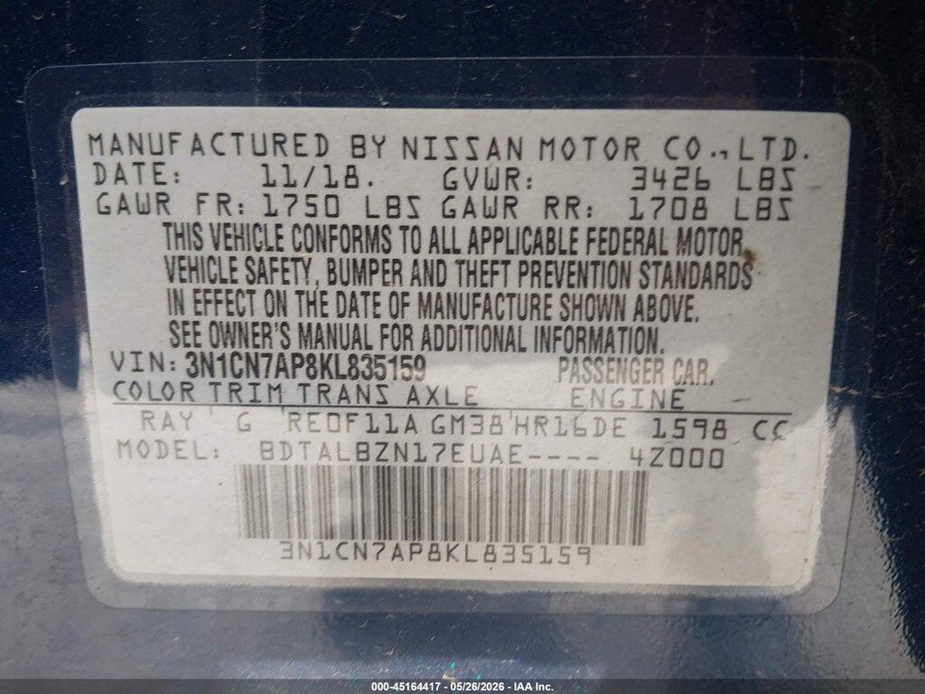 3N1CN7AP8KL835159 2019 NISSAN VERSA photo no. 9