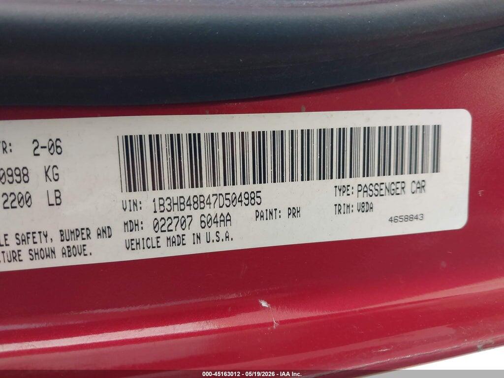 1B3HB48B47D504985 2007 DODGE CALIBER photo no. 9