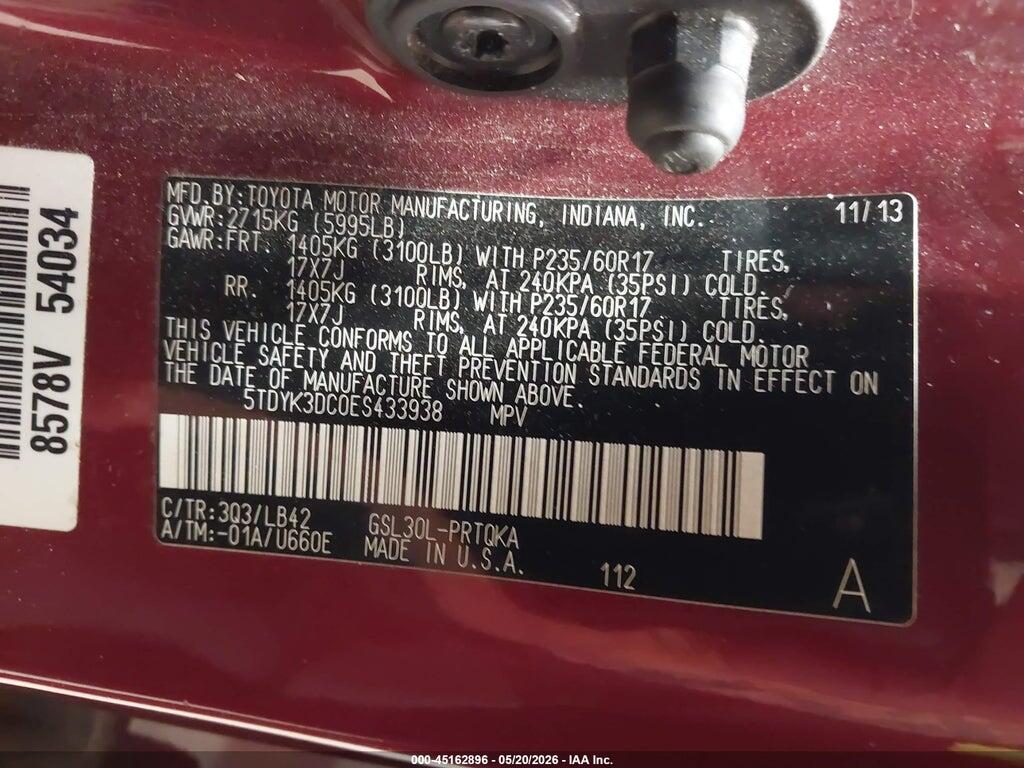 5TDYK3DC0ES433938 2014 TOYOTA SIENNA photo no. 9