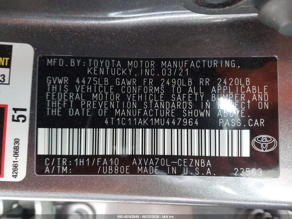4T1C11AK1MU447964 2021 TOYOTA CAMRY photo no. 9