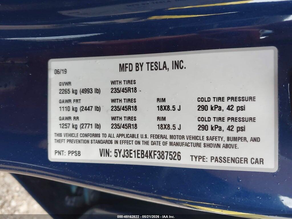 5YJ3E1EB4KF387526 2019 TESLA MODEL 3 photo no. 9
