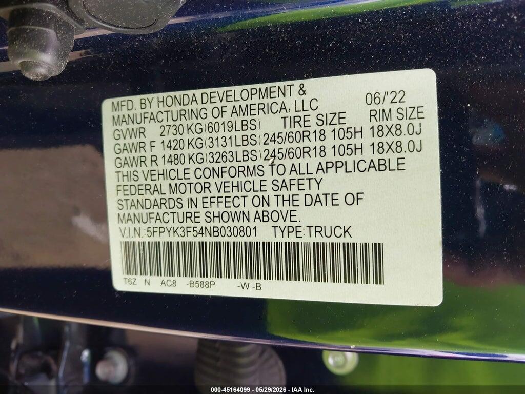 5FPYK3F54NB030801 2022 HONDA RIDGELINE photo no. 9