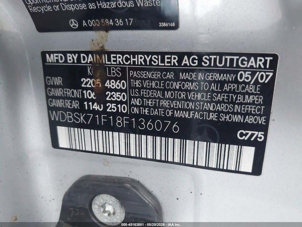 WDBSK71F18F136076 2008 MERCEDES-BENZ SL 550 photo no. 9