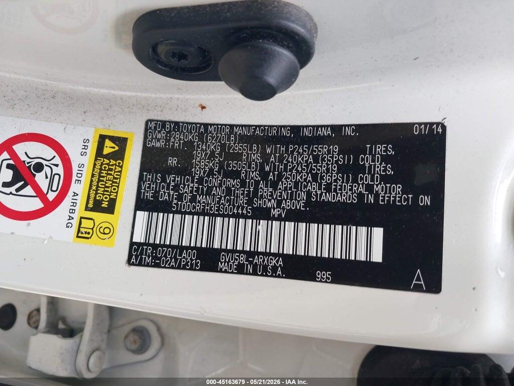 5TDDCRFH3ES004445 2014 TOYOTA HIGHLANDER HYBRID photo no. 9