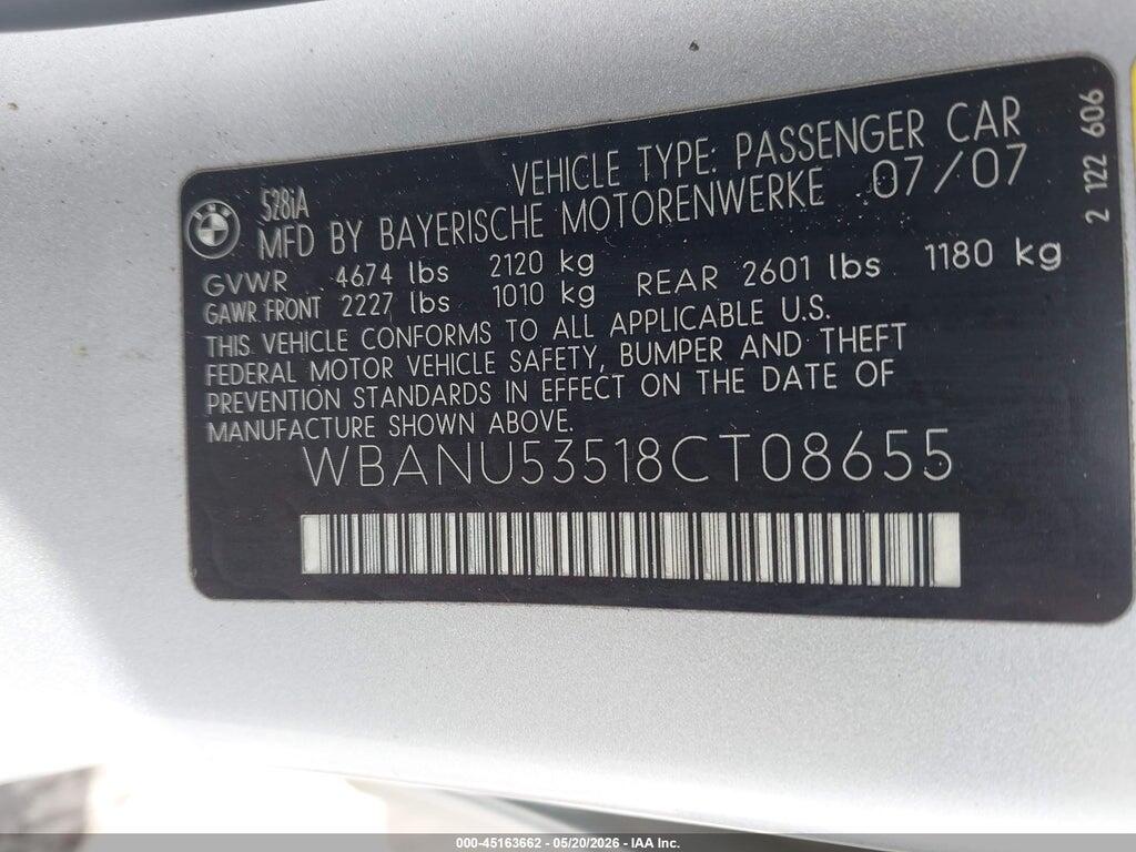 WBANU53518CT08655 2008 BMW 528I photo no. 9