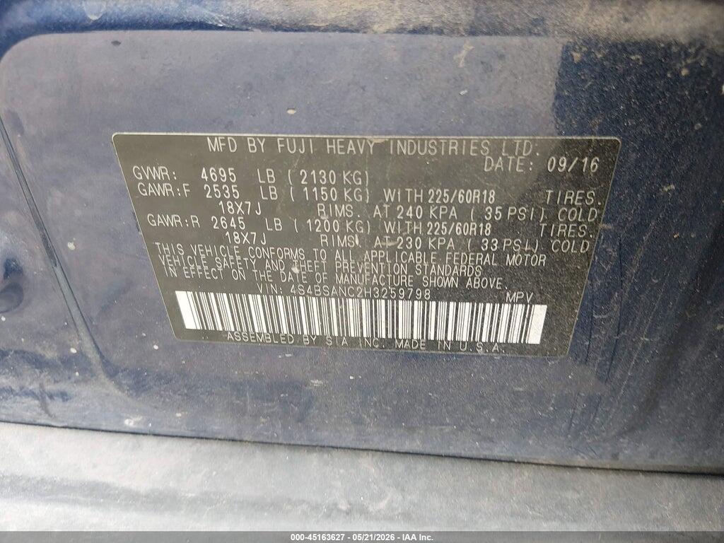 4S4BSANC2H3259798 2017 SUBARU OUTBACK photo no. 9