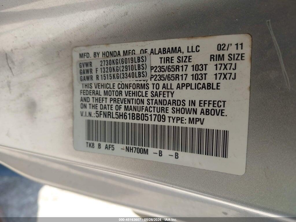 5FNRL5H61BB051709 2011 HONDA ODYSSEY photo no. 9