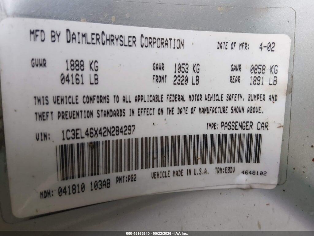 1C3EL46X42N284297 2002 CHRYSLER SEBRING photo no. 9
