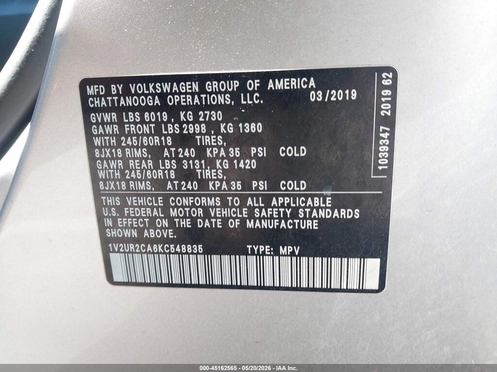 1V2UR2CA6KC548835 2019 VOLKSWAGEN ATLAS photo no. 9