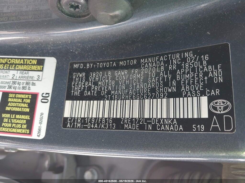 2T1BURHE6GC627092 2016 TOYOTA COROLLA photo no. 9