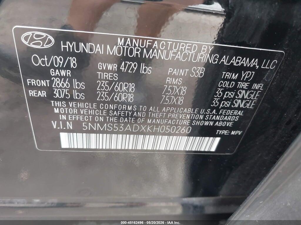 5NMS53ADXKH050260 2019 HYUNDAI SANTA FE photo no. 9