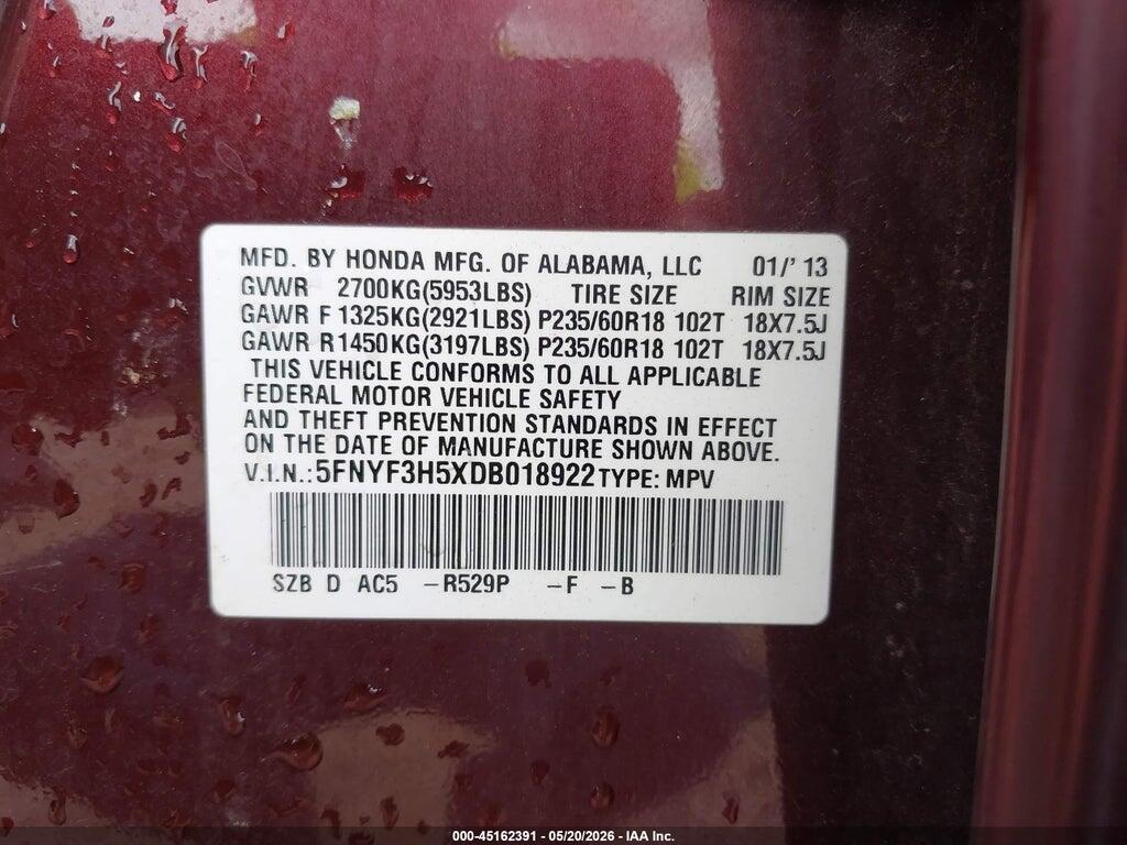 5FNYF3H5XDB018922 2013 HONDA PILOT photo no. 9