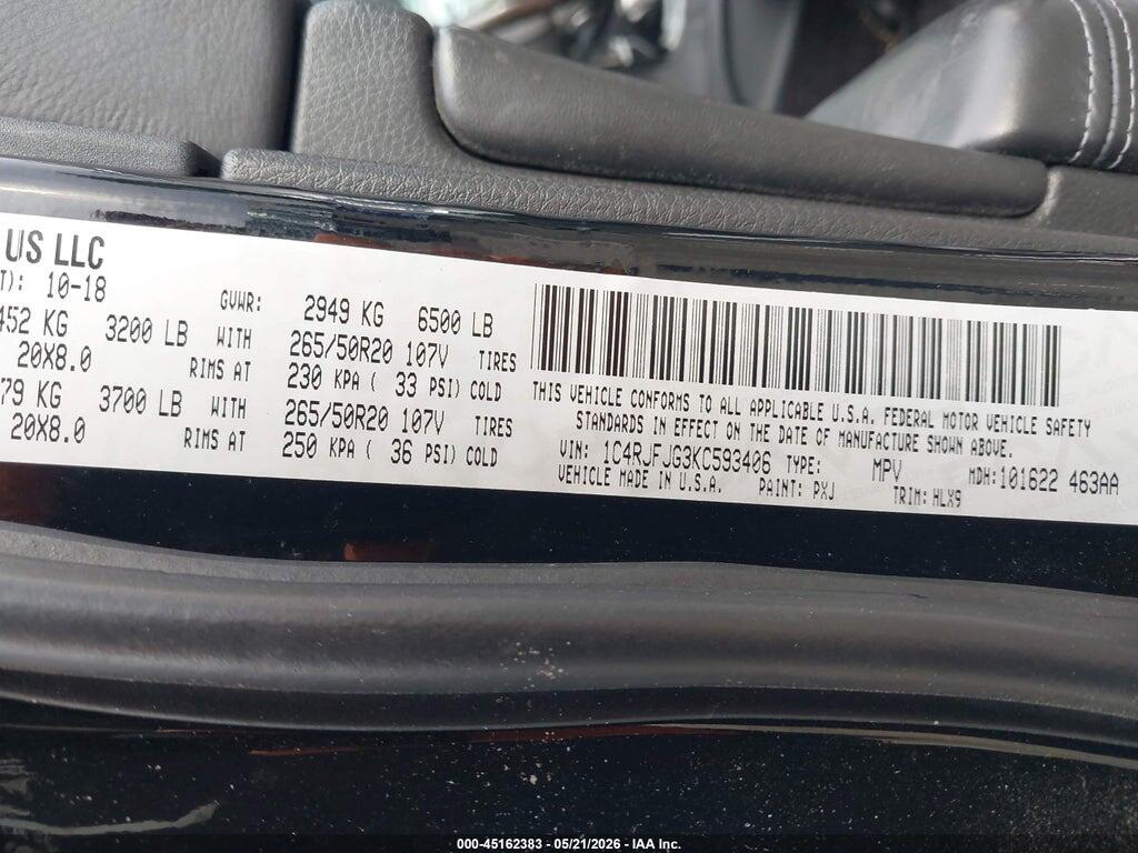 1C4RJFJG3KC593406 2019 JEEP GRAND CHEROKEE photo no. 9