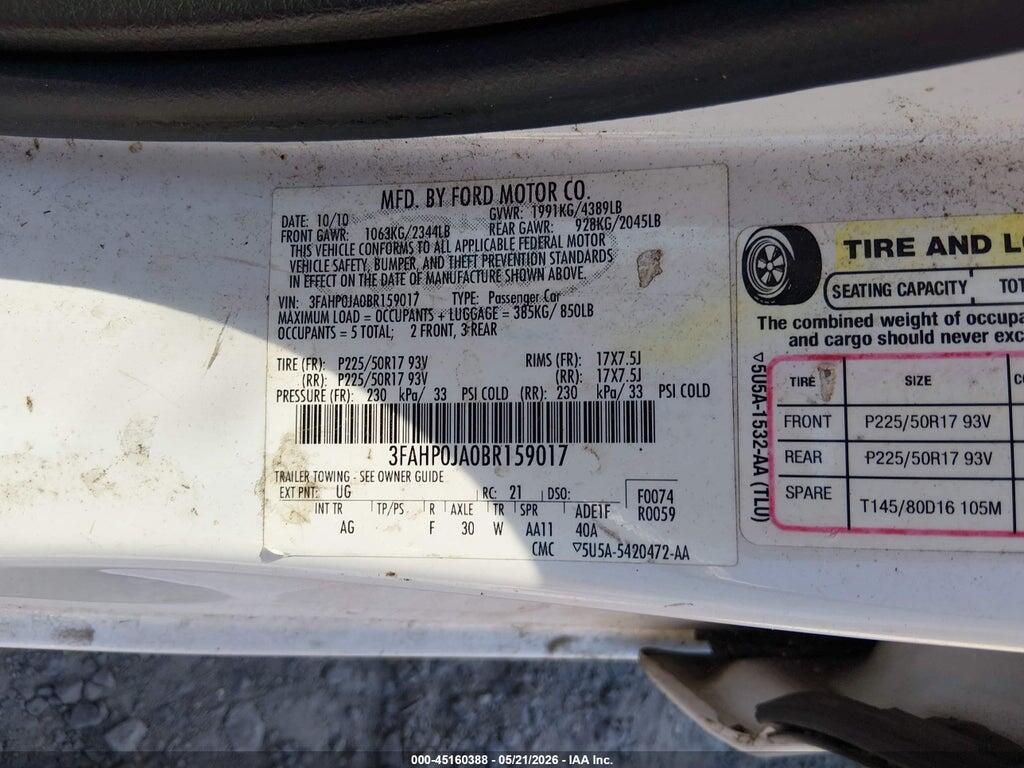 3FAHP0JA0BR159017 2011 FORD FUSION photo no. 9