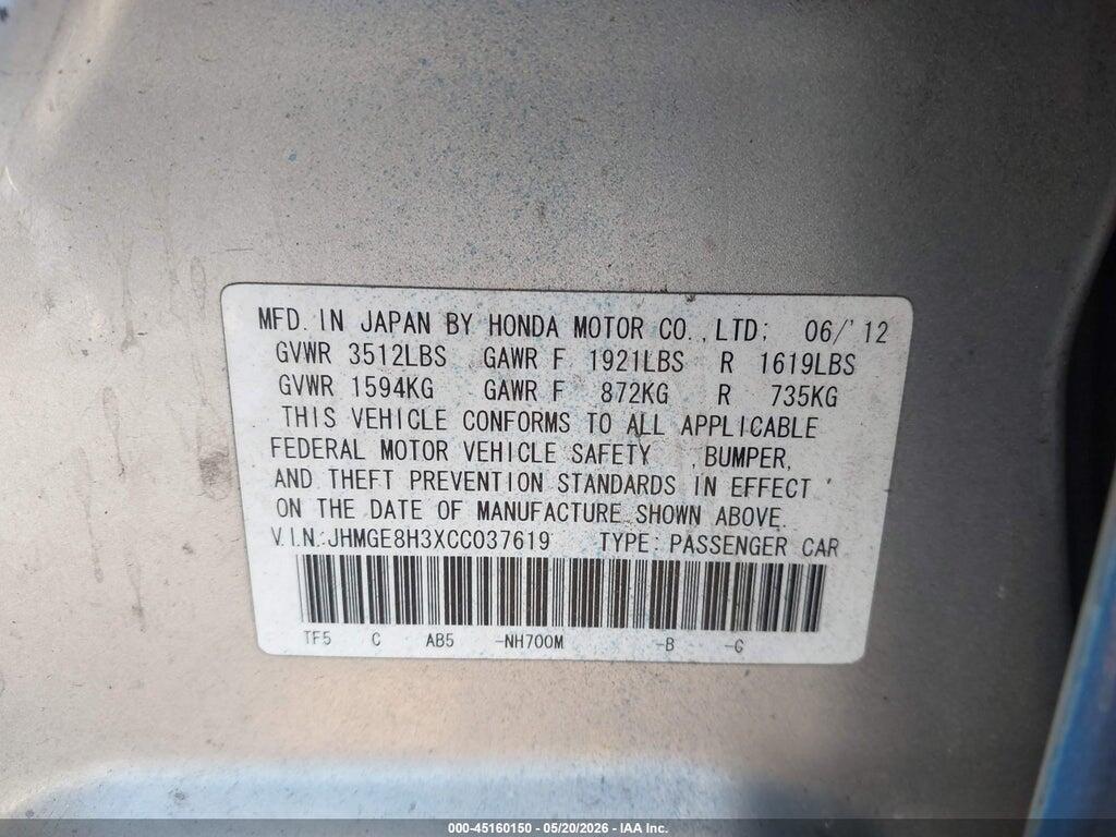 JHMGE8H3XCC037619 2012 HONDA FIT photo no. 9