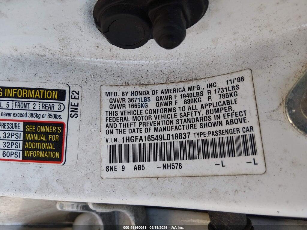 1HGFA16549L018837 2009 HONDA CIVIC photo no. 9