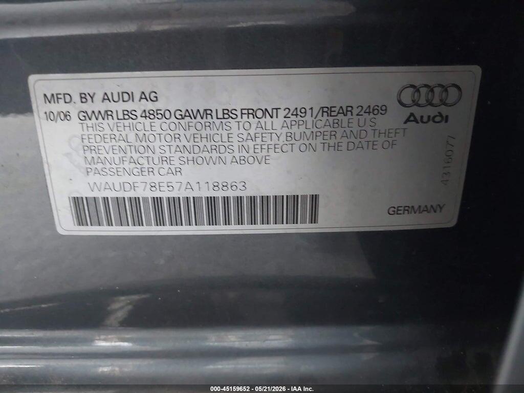 WAUDF78E57A118863 2007 AUDI A4 photo no. 9
