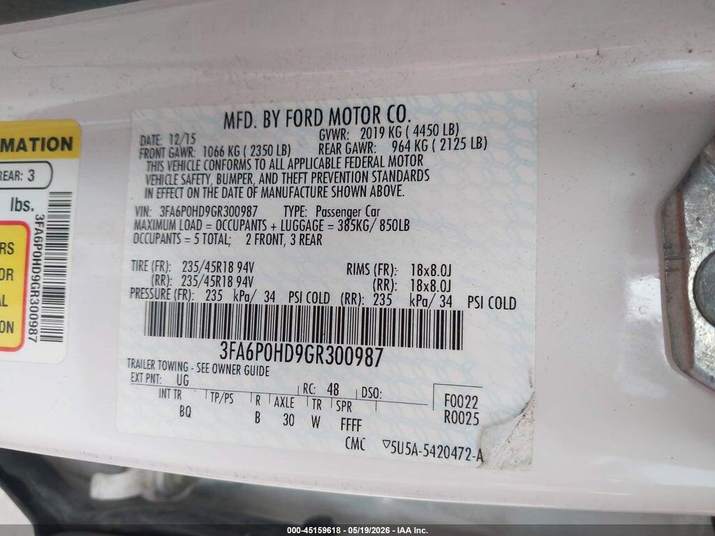 3FA6P0HD9GR300987 2016 FORD FUSION photo no. 9