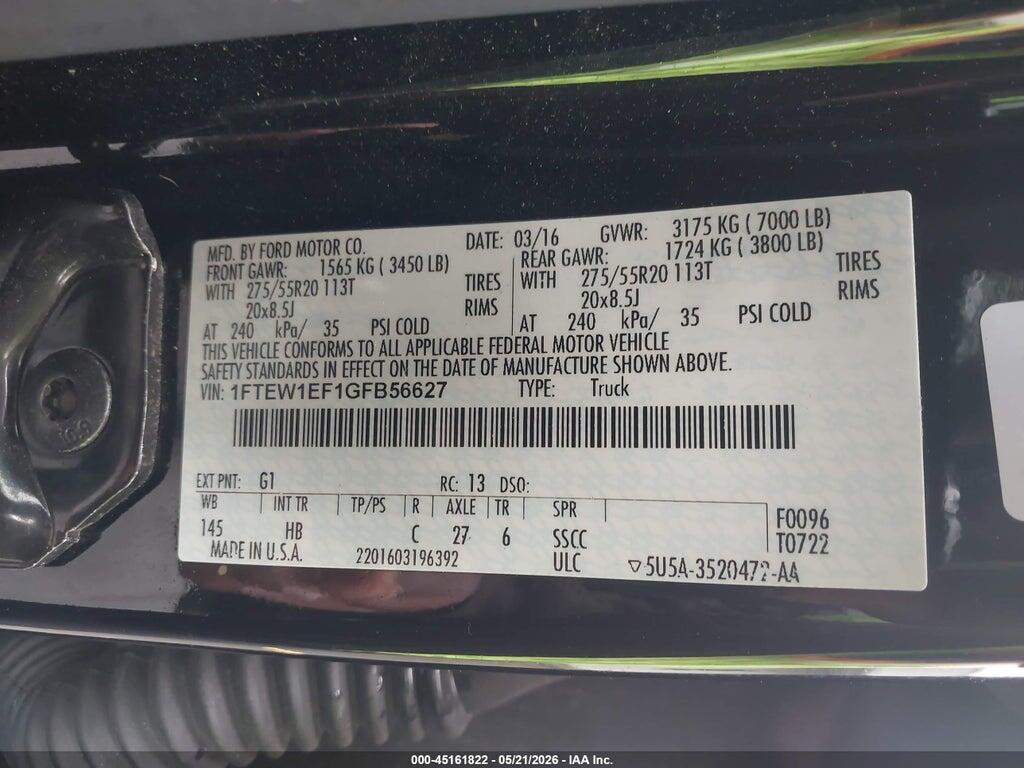 1FTEW1EF1GFB56627 2016 FORD F-150 photo no. 9