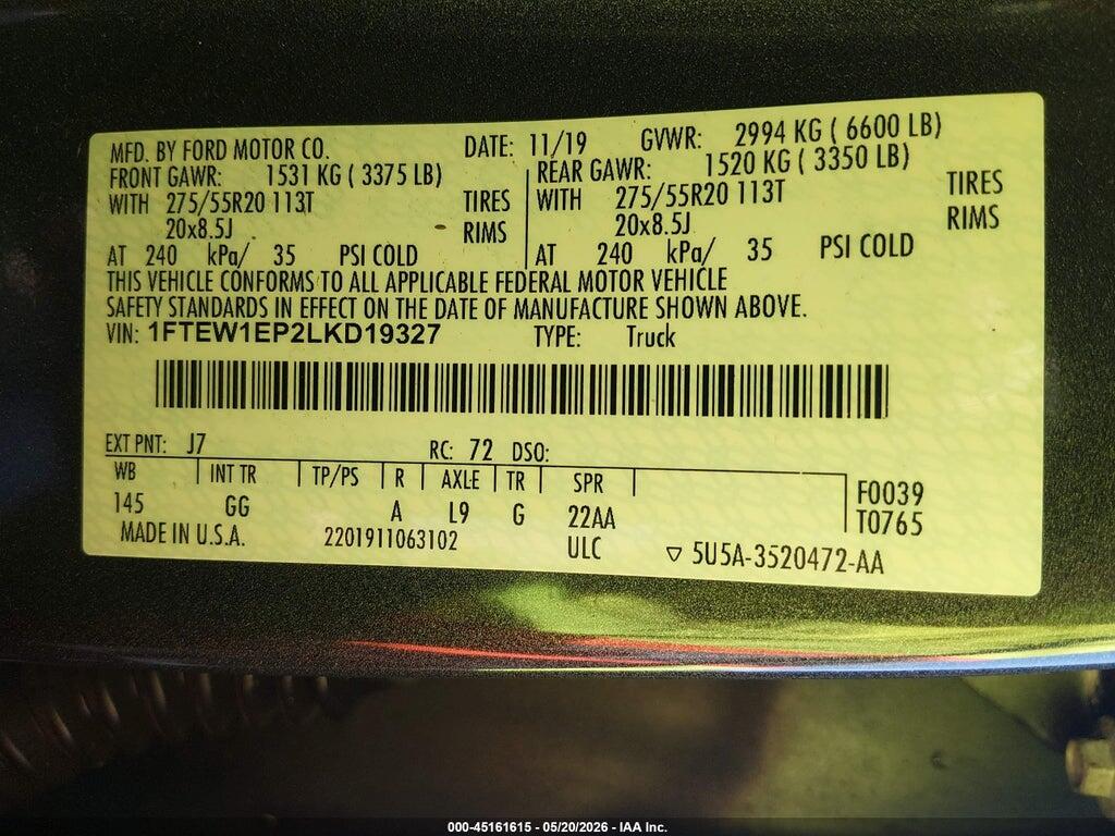 1FTEW1EP2LKD19327 2020 FORD F-150 photo no. 9
