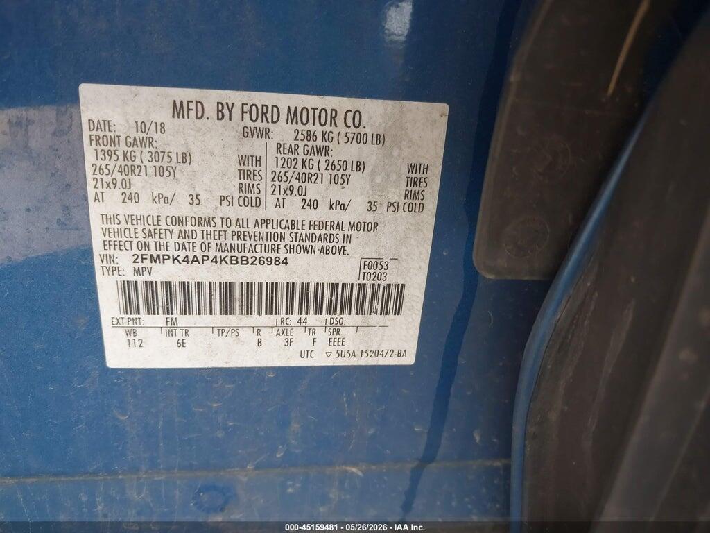 2FMPK4AP4KBB26984 2019 FORD EDGE photo no. 9