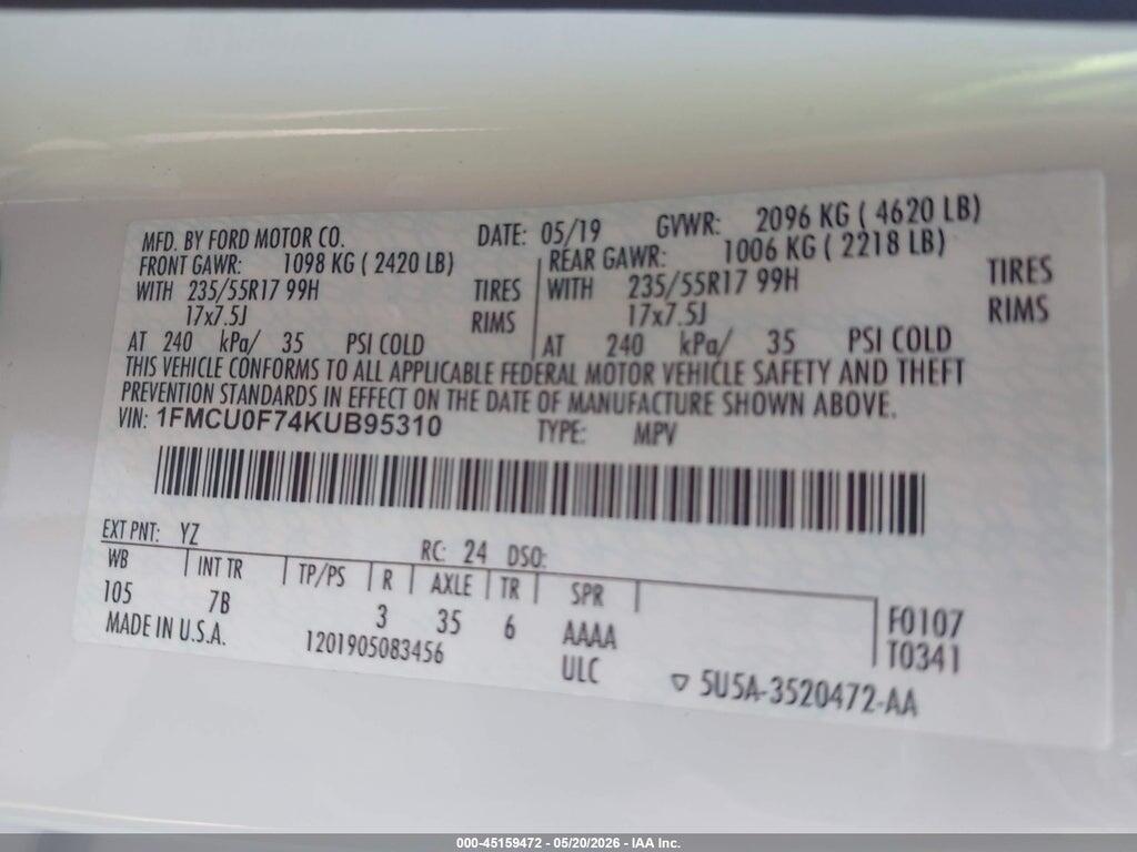 1FMCU0F74KUB95310 2019 FORD ESCAPE photo no. 9