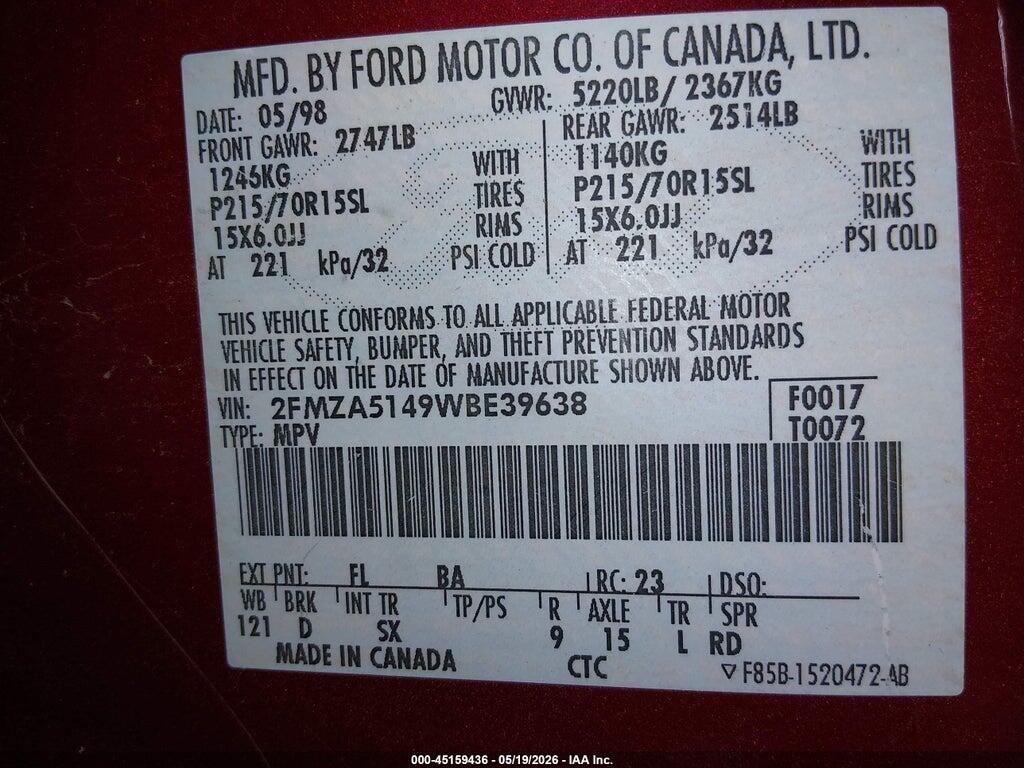 2FMZA5149WBE39638 1998 FORD WINDSTAR photo no. 9