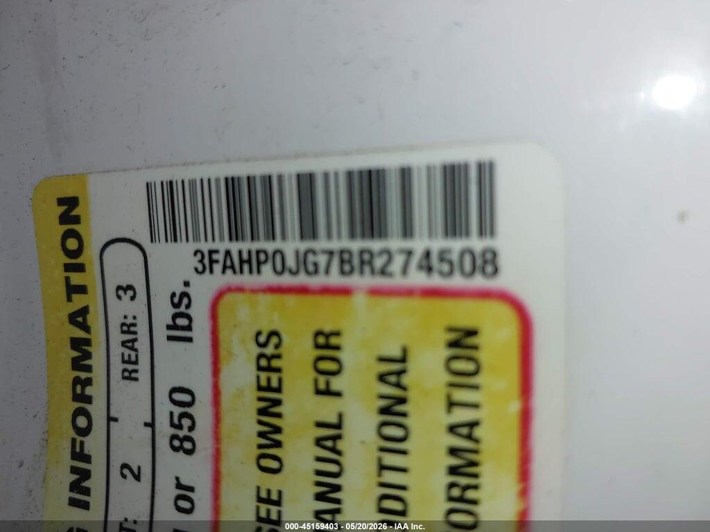 3FAHP0JG7BR274508 2011 FORD FUSION photo no. 9