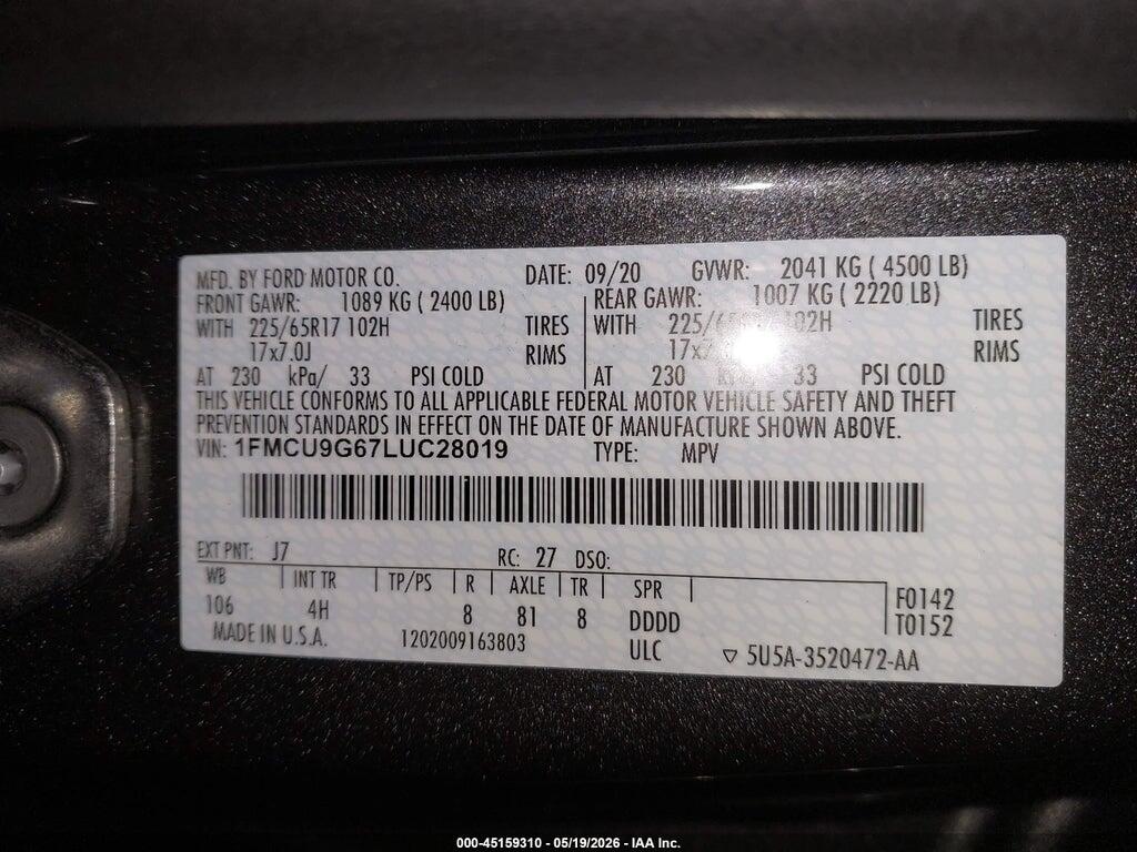 1FMCU9G67LUC28019 2020 FORD ESCAPE photo no. 9