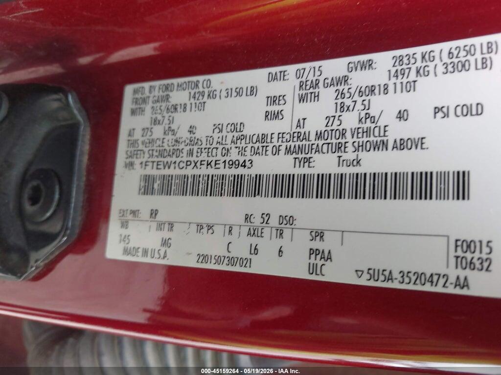 1FTEW1CPXFKE19943 2015 FORD F-150 photo no. 9