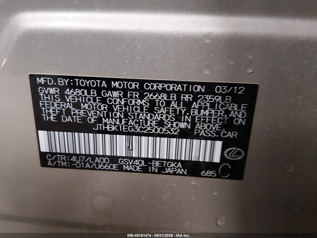 JTHBK1EG3C2500532 2012 LEXUS ES 350 photo no. 9