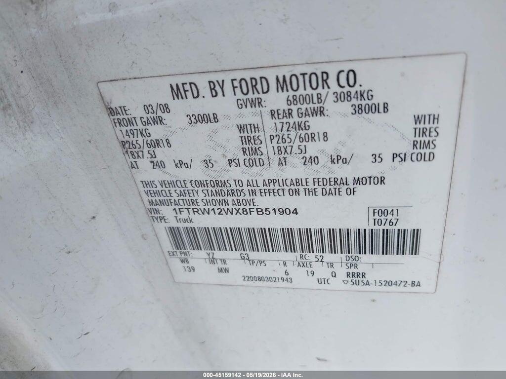 1FTRW12WX8FB51904 2008 FORD F-150 photo no. 9