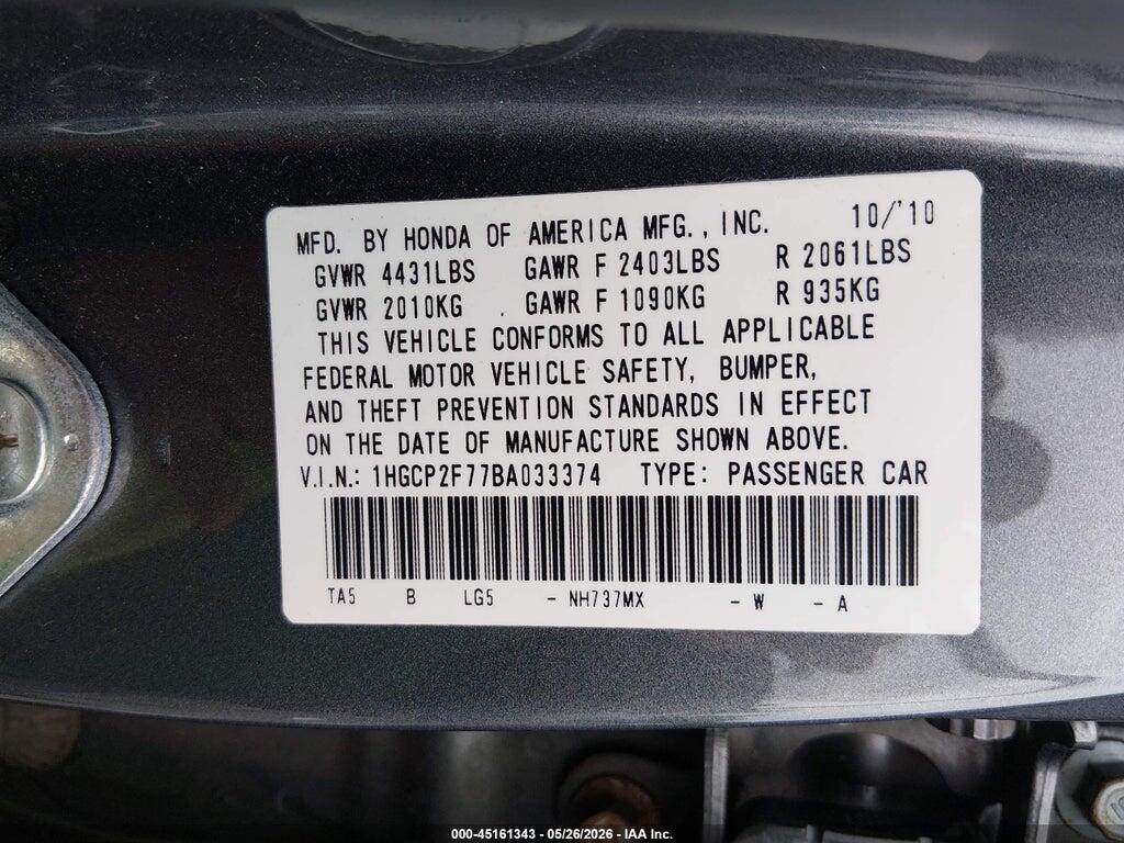 1HGCP2F77BA033374 2011 HONDA ACCORD photo no. 9