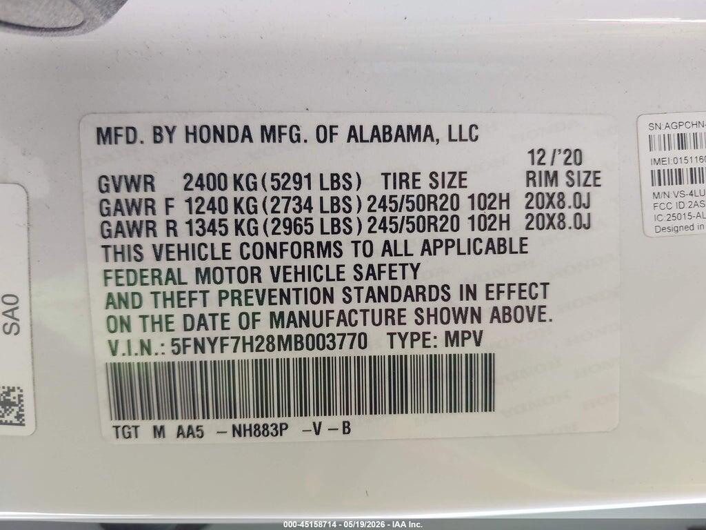 5FNYF7H28MB003770 2021 HONDA PASSPORT photo no. 9