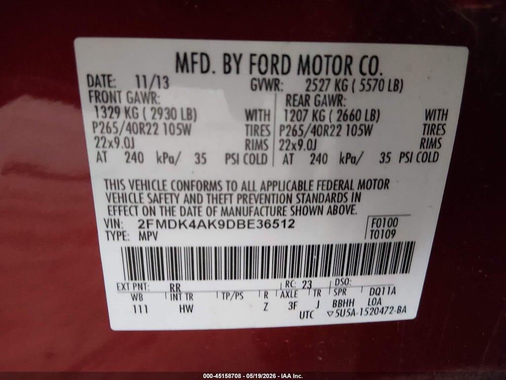2FMDK4AK9DBE36512 2013 FORD EDGE photo no. 9