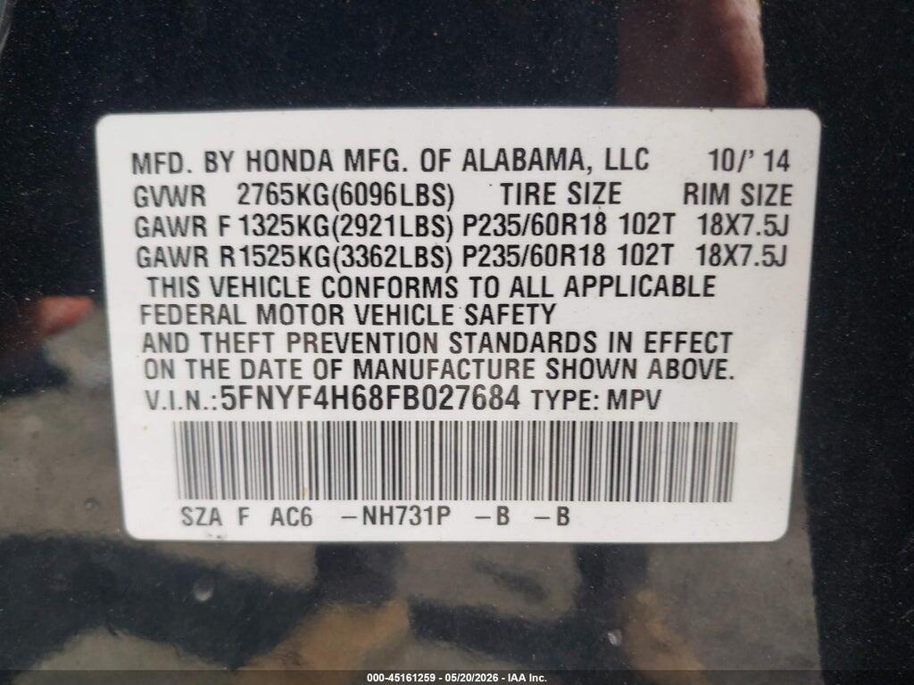 5FNYF4H68FB027684 2015 HONDA PILOT photo no. 9