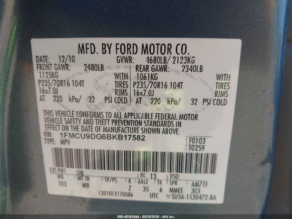 1FMCU9DG6BKB17582 2011 FORD ESCAPE photo no. 9